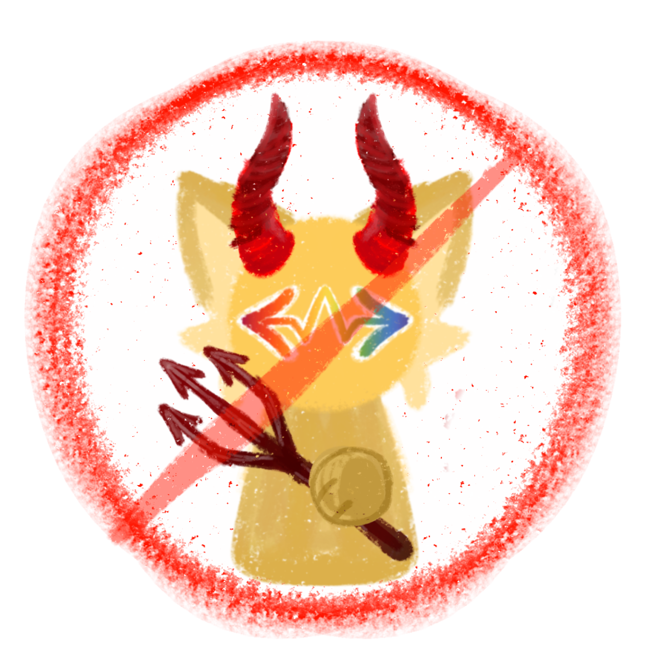  a yellow cat-like figure with the schizospec symbol in rainbow. on its face it has red horns and is holding a pitchfork it's sitting in a white circle with a red outline with a slash through it.